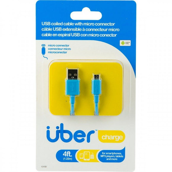 Uber 13150 USB Micro USB Sync Charge Cable, Coiled 4-Feet, Blue